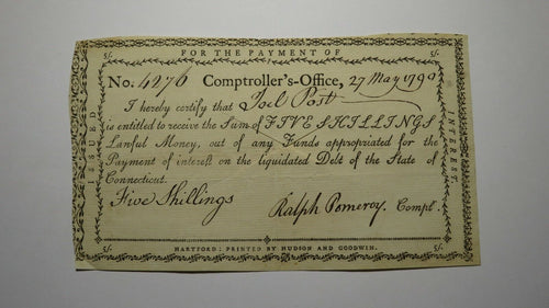 1790 5 Shillings Connecticut Comptroller's Office Colonial Currency Note Pomeroy