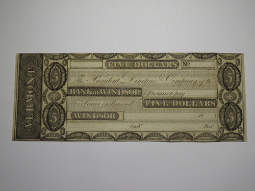 $5 18__ Windsor Vermont VT Obsolete Currency Bank Note Bill Remainder Rare UNC+
