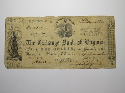 $1 1862 Norfolk Virginia VA Obsolete Currency Bank Note Bill The Exchange Bank