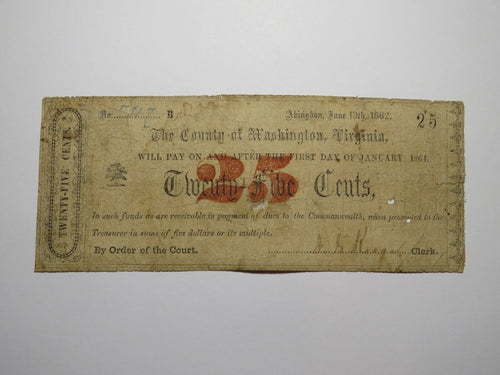 $.25 1862 Abingdon Virginia Obsolete Currency Bank Note Bill Washington County
