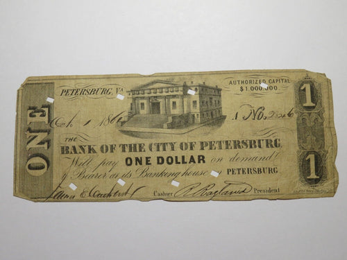 $1 1861 Petersburg Virginia Obsolete Currency Bank Note Bill City of Petersburg
