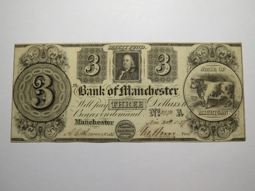 $3 1837 Manchester Michigan MI Obsolete Currency Bank Note Bill! Bank of Man