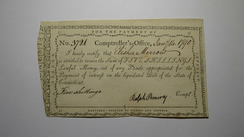 1790 5 Shillings Connecticut Comptroller's Office Colonial Currency Note Pomeroy