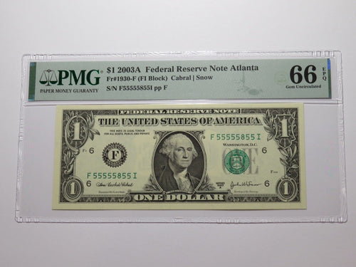 $1 2003 Near Solid Serial Number Federal Reserve Bank Note Bill UNC66 #55555855