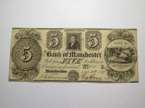 $5 1837 Manchester Michigan MI Obsolete Currency Bank Note Bill! Bank of Man