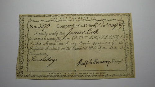 1789 5s Connecticut Comptroller's Office Colonial Currency Note Ralph Pomeroy