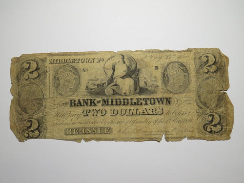 $2 1841 Middletown Pennsylvania Obsolete Currency Bank Note Bill Bank of Middle