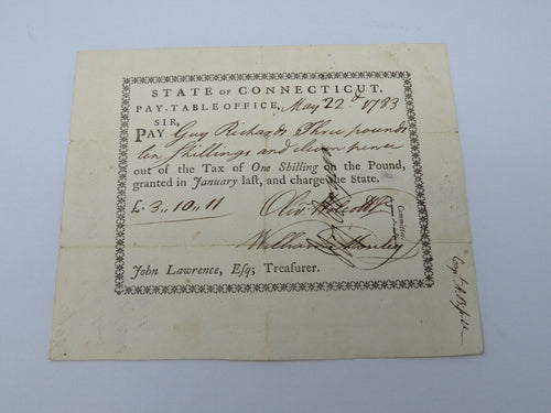 1783 Connecticut Pay Table Office Colonial Currency Note Bill Oliver Wolcott Jr.