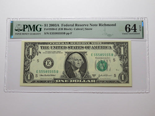$1 2003 Near Solid Serial Number Federal Reserve Bank Note Bill UNC64 #55585555