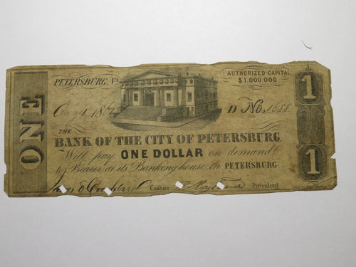 $1 1861 Petersburg Virginia VA Obsolete Currency Bank Note Bill City of Pete