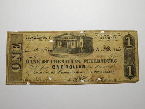 $1 1862 Petersburg Virginia VA Obsolete Currency Bank Note Bill City of Pete