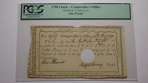 1790 One Pound Connecticut Comptroller's Office Colonial Currency Note! Pomeroy