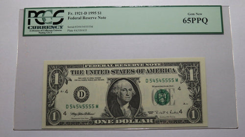 $1 1995 Fancy Serial Number Federal Reserve Currency Bank Note Bill NEW65PPQ 555