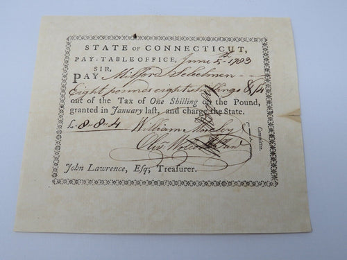 1783 Connecticut Pay Table Office Colonial Currency Note Bill Wadsworth Wolcott