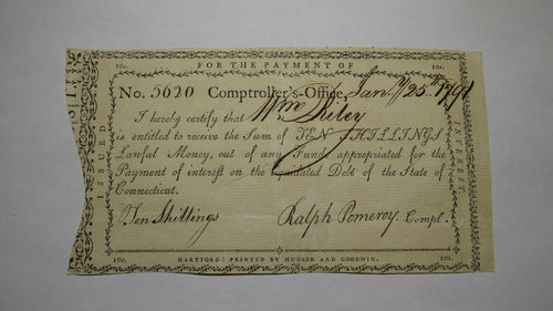 1791 10 Shillings CT Comptrollers Office Colonial Currency Ralph Pomeroy Signed