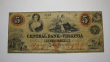 Load image into Gallery viewer, $5 1860 Staunton Virginia VA Obsolete Currency Bank Note Bill Central Bank of VA
