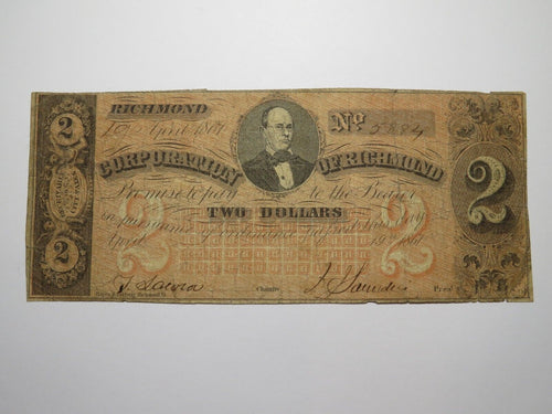 $2 1861 Richmond Virginia VA Obsolete Currency Bank Note Bill Corporation of VA!