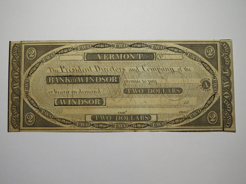 $2 1838 Windsor Vermont VT Obsolete Currency Bank Note Bill! Bank of Windsor VF+