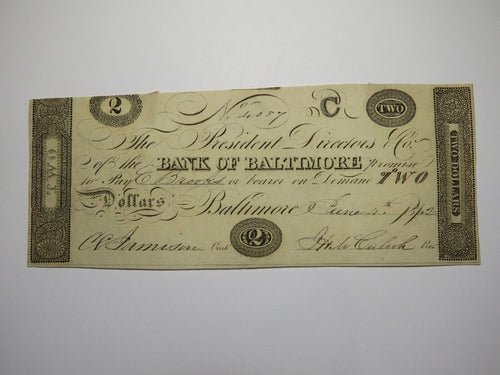 $2 1842 Baltimore Maryland MD Obsolete Currency Bank Note Bill Bank of Baltimore