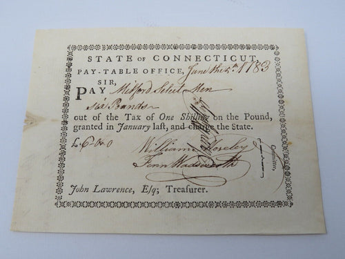 1783 Connecticut Pay Table Office Colonial Currency Note Bill Finn Wadsworth