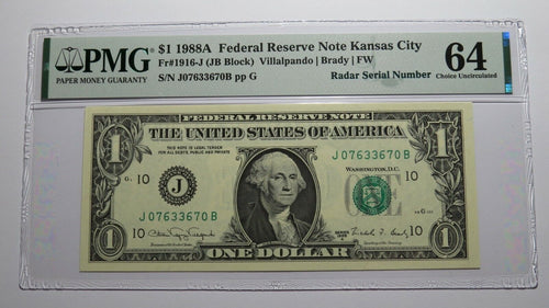 $1 1988A Radar Serial Number Federal Reserve Currency Bank Note Bill PMG UNC64