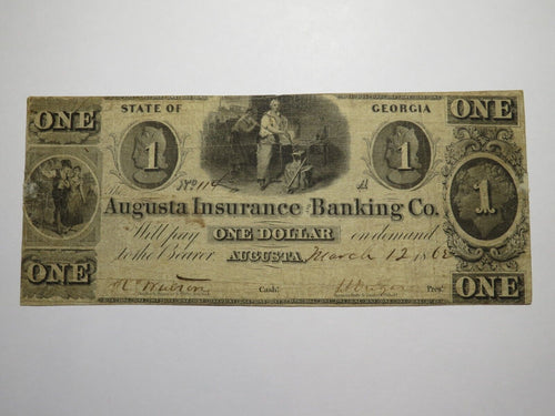$1 1862 Augusta Georgia GA Obsolete Currency Bank Note Bill! Augusta Insurance