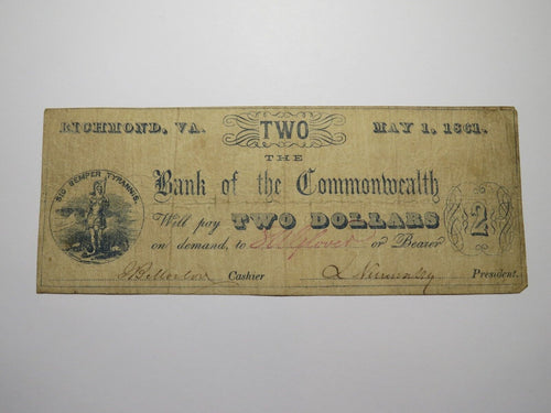 $2 1861 Richmond Virginia Obsolete Currency Bank Note Bill! Commonwealth of VA