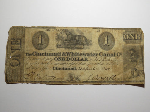 $1 1840 Cincinnati Ohio Obsolete Currency Bank Note Bill Whitewater Canal RARE