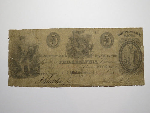 $5 1856 Philadelphia Pennsylvania PA Obsolete Currency Note Bill Southwark Bank