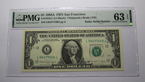 $1 1988 Radar Serial Number Federal Reserve Currency Bank Note Bill PMG UNC63EPQ