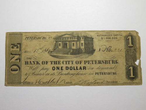 $1 1861 Petersburg Virginia VA Obsolete Currency Bank Note Bill City of Pete