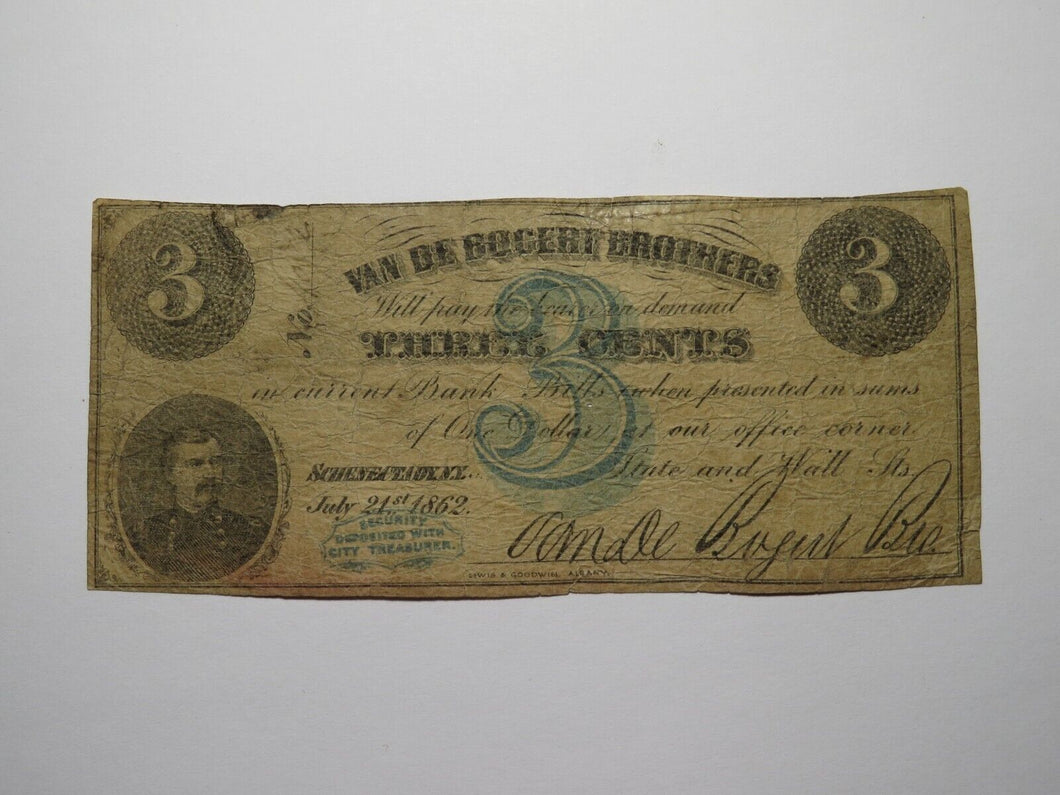$.03 1862 Schenectady New York NY Obsolete Currency Bank Note Bill Van De Bogert