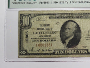 $10 1929 Guttenberg New Jersey NJ National Currency Bank Note Bill Ch #12806 F15