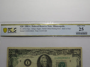 $20 1981 Partial Back to Face Offset Error Federal Reserve Bank Note Bill VF25