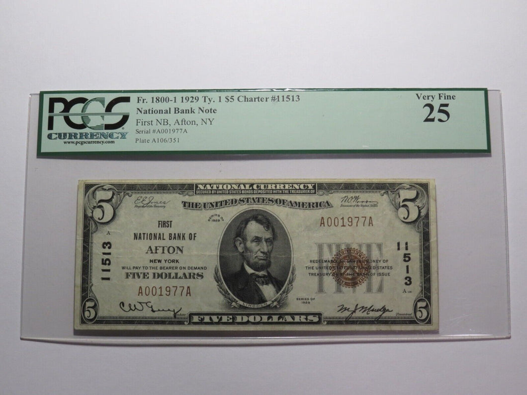 $5 1929 Afton New York NY National Currency Bank Note Bill Ch. #11513 VF25 PCGS