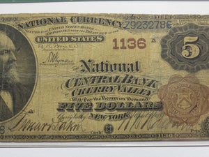 $5 1882 Cherry Valley New York National Currency Bank Note Bill #1136 VG10 PCGS