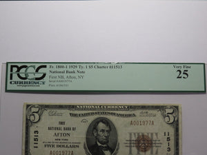 $5 1929 Afton New York NY National Currency Bank Note Bill Ch. #11513 VF25 PCGS