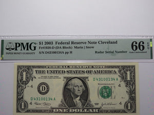 $1 2003 Radar Serial Number Federal Reserve Currency Bank Note Bill PMG UNC66EPQ