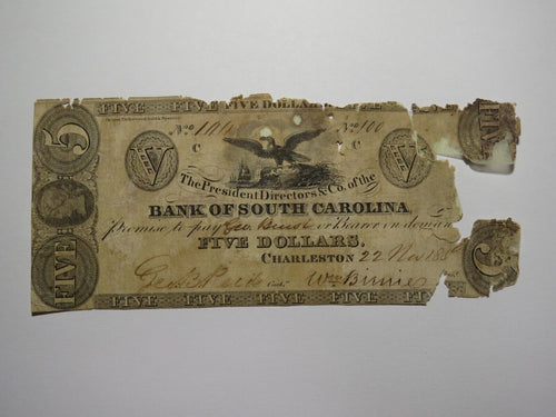 $5 1850 Charleston South Carolina Obsolete Currency Bank Note Bank of SC