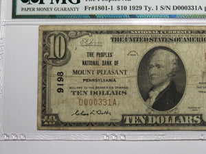 $10 1929 Mount Pleasant Pennsylvania National Currency Bank Note Bill #9198 Mt.