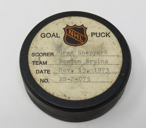 1973-74 Bobby Orr Boston Bruins NHL Record 7 Points Goal Puck Greg Sheppard Goal