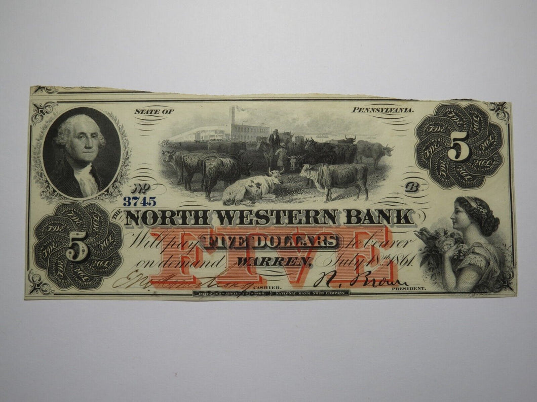 $5 1861 Warren Pennsylvania Obsolete Currency Note Bill North Western Bank UNC++