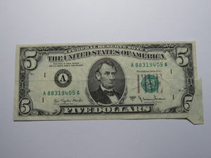 $5 1977 Printed Fold Error Boston MA Federal Reserve Bank Note Currency Bill VF