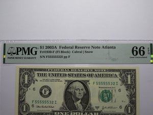 $1 2003 Near Solid Serial Number Federal Reserve Bank Note Bill UNC66 #55555532