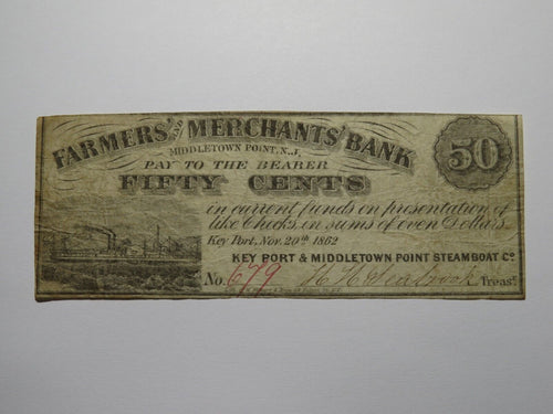 $.50 1862 Middletown Point New Jersey Obsolete Currency Bank Note Bill! Keyport