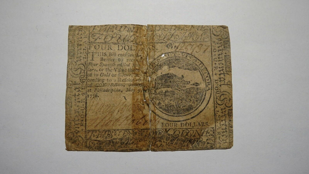 $4 1776 Continental Colonial Currency Note Bill Four Dollars Philadelphia PA