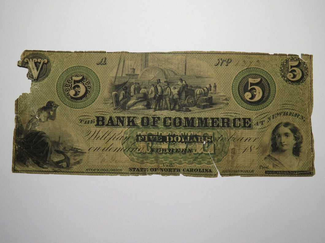 $5 1859 New Bern North Carolina Obsolete Currency Bank Note Bill Commerce Bank