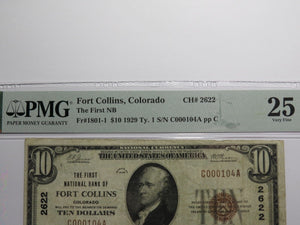 $10 1929 Fort Collins Colorado CO National Currency Bank Note Bill Ch #2622 VF25