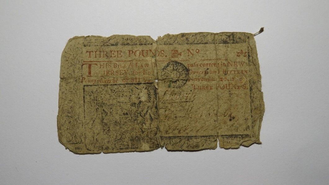 1757 Three Pounds New Jersey NJ Colonial Currency Bank Note Bill RARE ISSUE £3