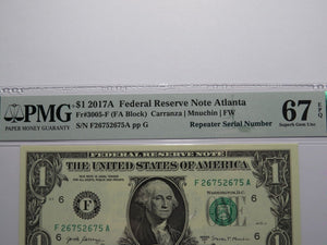 $1 2017A Repeater Serial Number Federal Reserve Currency Bank Note Bill UNC67EPQ